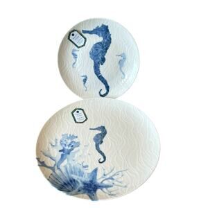 INTESA HOME Sea Life Blue Seahorse Porcelain Salad & Dinner Plate Set of 2 NEW
